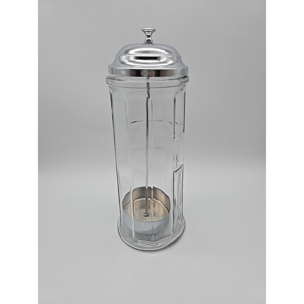 VTG Gemco Glass Straw Holder Container Jar Chrome Tone Lid 11" Tall Retro Diner